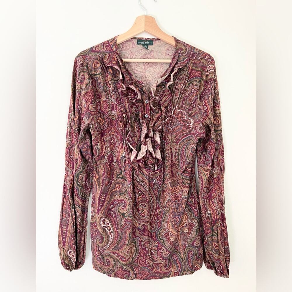 Ralph Lauren paisley print fall blouse ruffle front boho preppy western